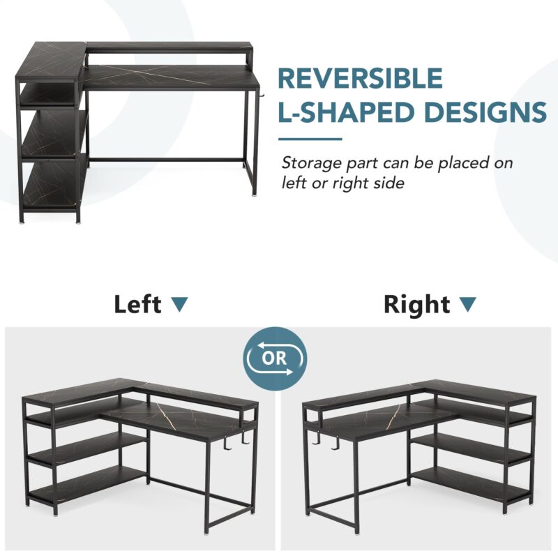 L-Shaped Desk, 53" Reversible Corner Desk with Shelves and Monitor Stand - Image 6