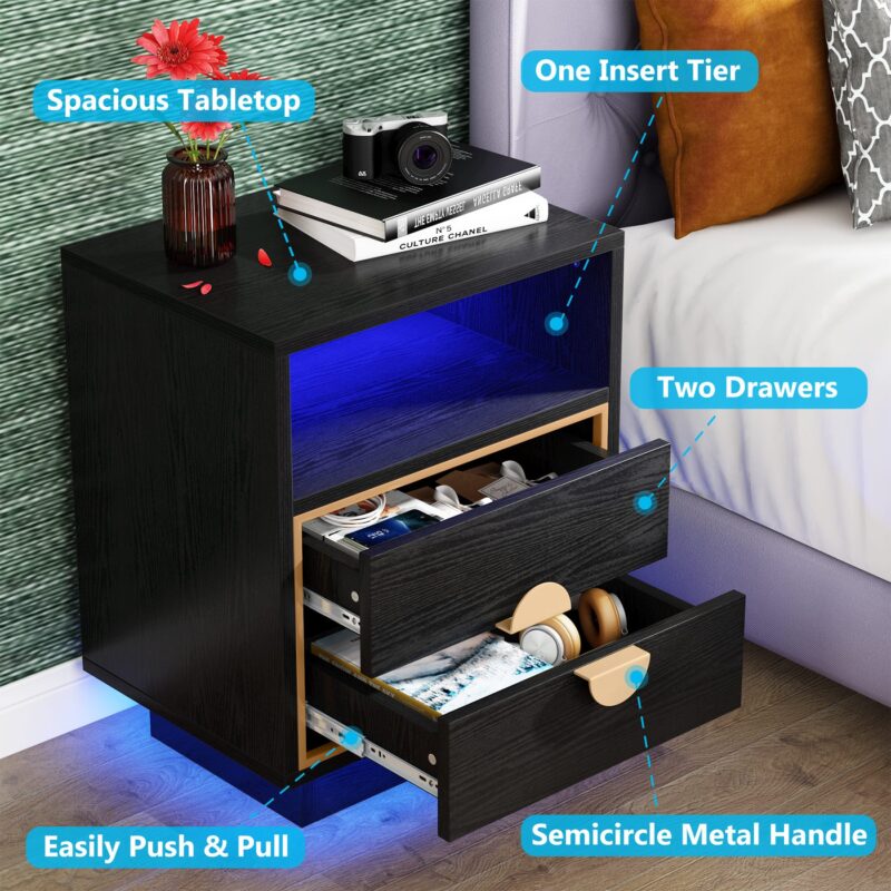 LED Nightstand, 2 Drawers Bedside End Table with Led Lights - Image 5