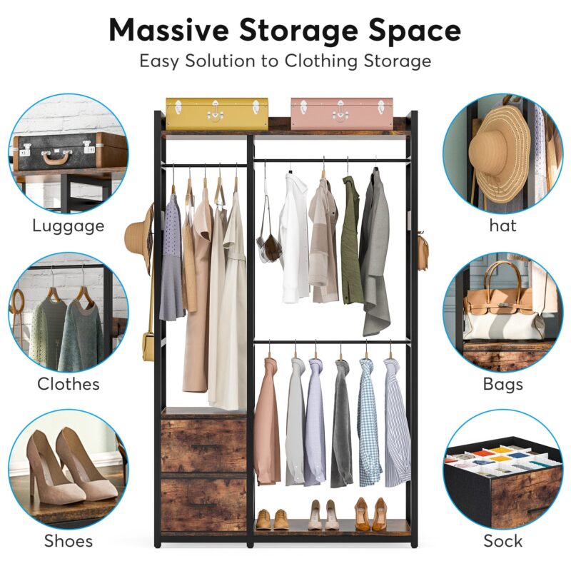 Freestanding Closet Organizer, 2 Fabric Drawers Garment Clothes Rack - Image 5