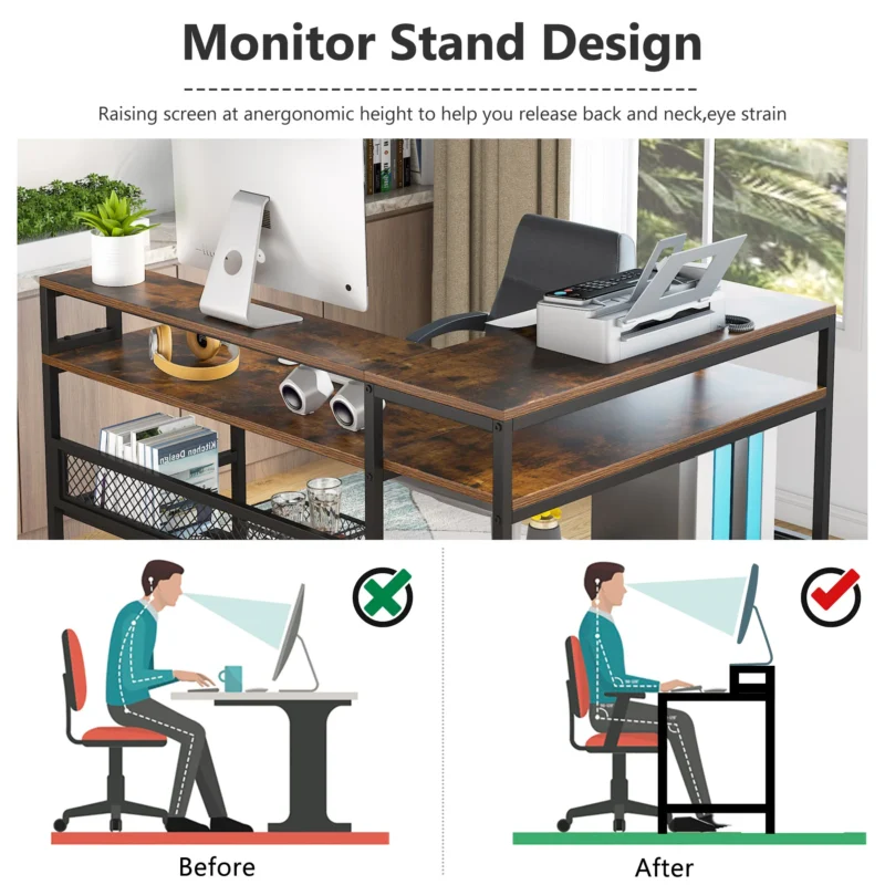 L-Shaped Computer Desk with Open Shelves & Monitor Stand - Image 6