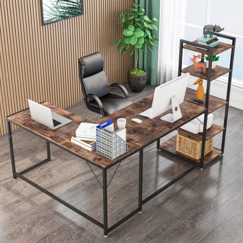 L-Shaped Desk, Reversible Corner Computer Desk with 5 Tier Shelves - Image 5