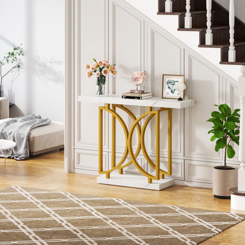 Console Table, Faux Marble Sofa Table with Double D-Shaped Metal Base - Image 4