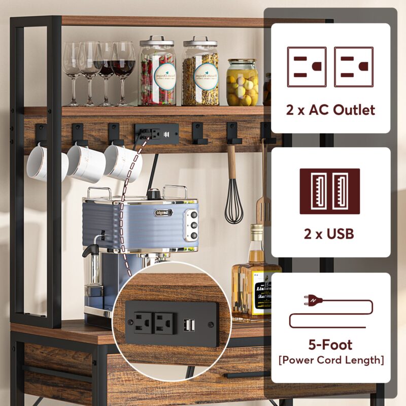 5-Tier Kitchen Baker's Rack with Power Outlets, Drawer & Sliding Shelves - Image 6