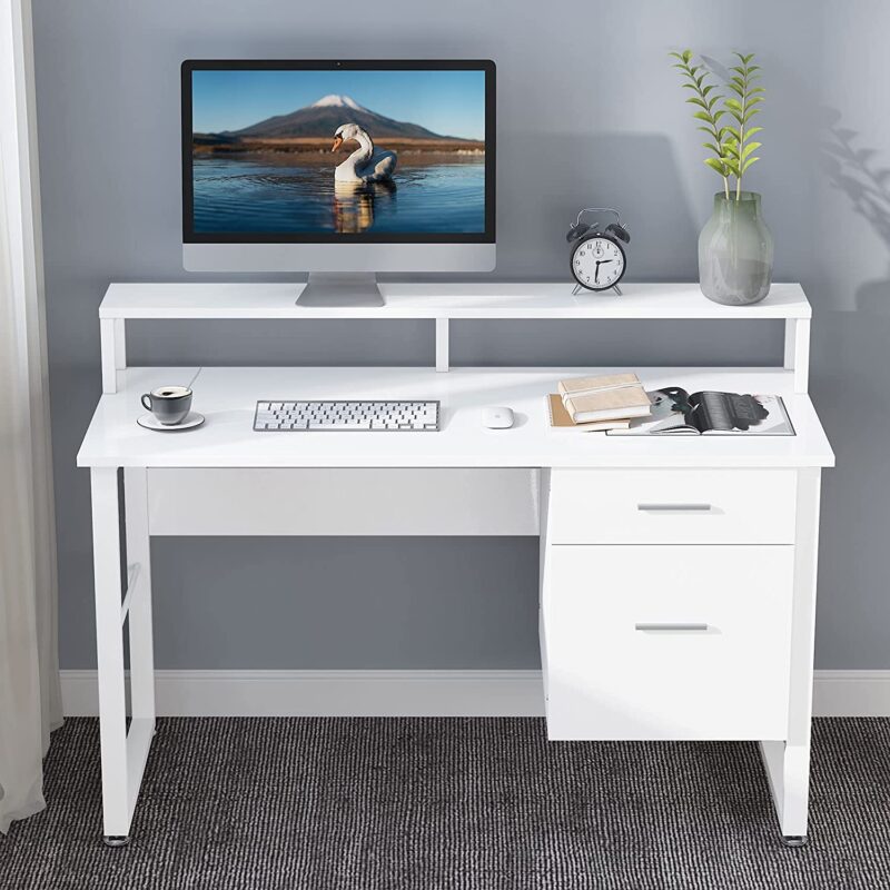 Computer Desk, White Study Table with with Monitor Stand ＆ Drawers - Image 4