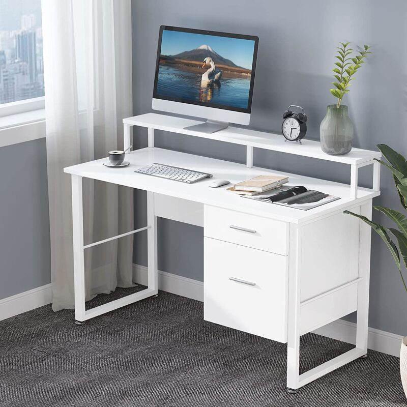 Computer Desk, White Study Table with with Monitor Stand ＆ Drawers - Image 3