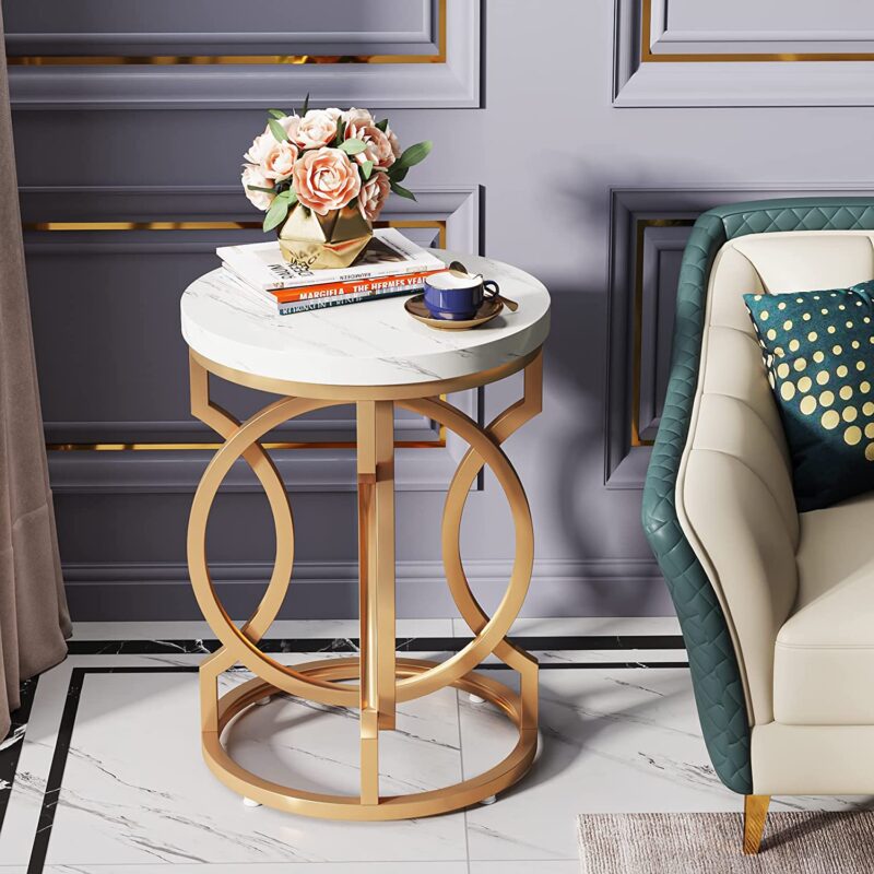 End Table, Round Side Table with Faux Marble Top, Modern Bedside Table