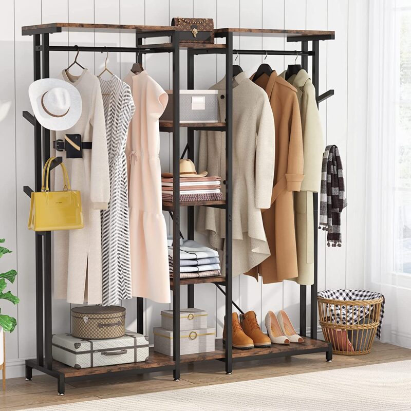 Freestanding Closet Organizer, Large Clothes Rack with Hooks & Shelves - Image 2