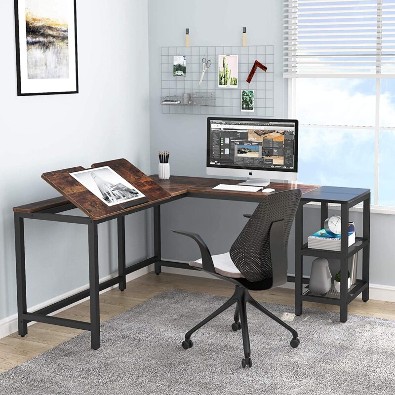 L-Shaped Desk, 59" Corner Computer Desk Drafting Table with Shelves - Image 4