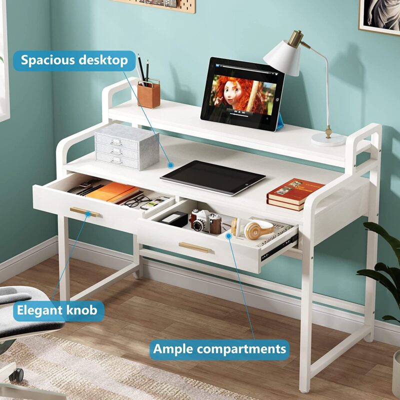 Computer Desk, 47" Writing Desk with 2 Drawers and Monitor Stand Riser - Image 5