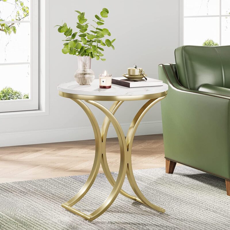 End Table, Round Sofa Side Table Coffee Table with Gold Metal Frame - Image 2