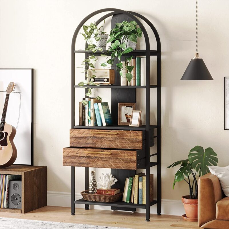 Bookshelf, 4-Tier Industrial Bookcase with 2 Drawers & LED Light - Image 4