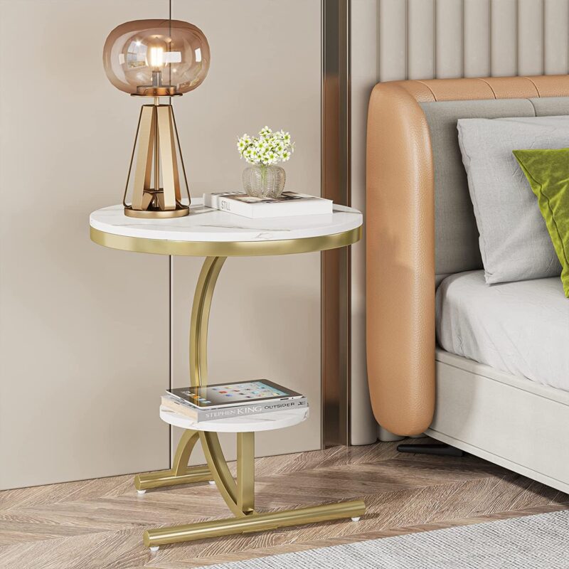 End Table, 2-Tier Round Faux Marble Sofa Side Table - Image 2