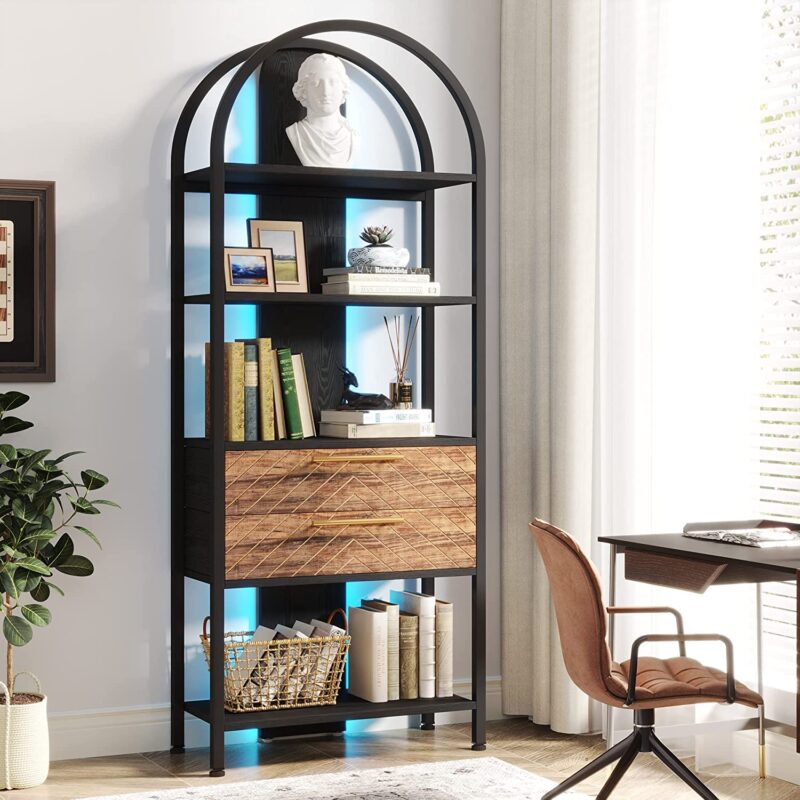 Bookshelf, 4-Tier Industrial Bookcase with 2 Drawers & LED Light - Image 5