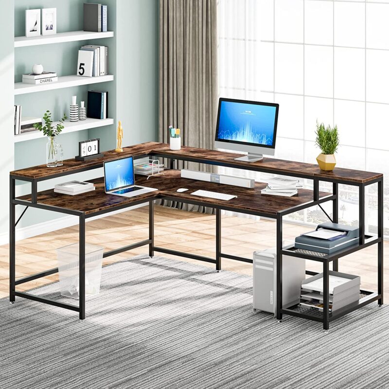 L-Shaped Desk, 69" Reversible Corner Desk with Monitor Stand & Storage Shelf