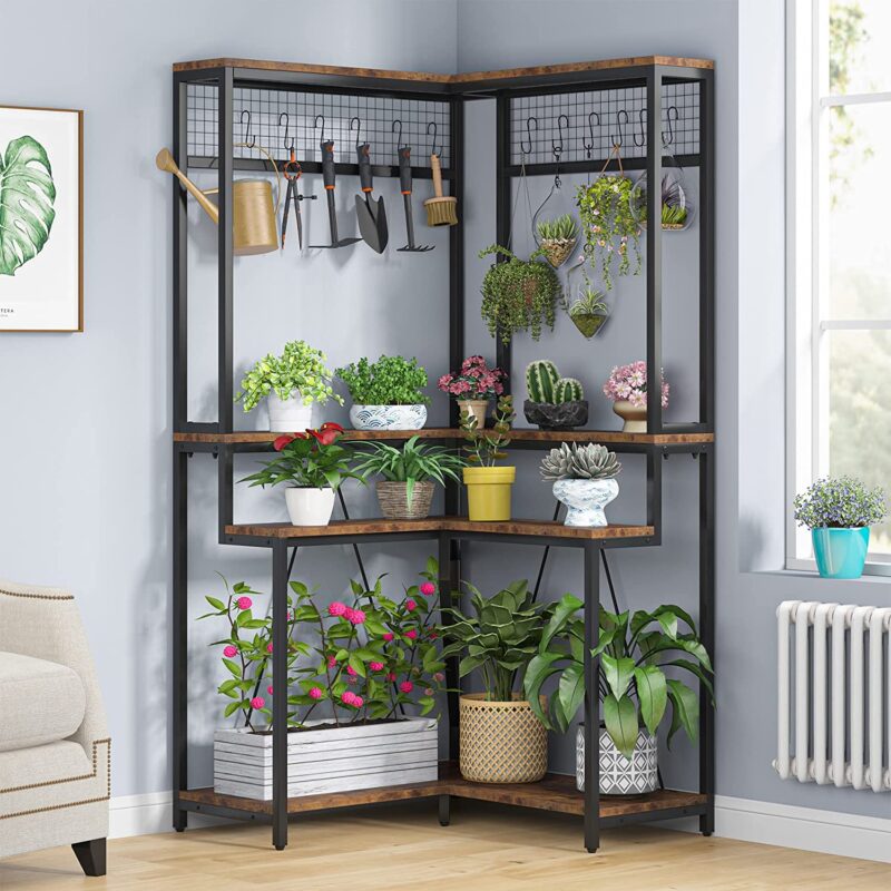 Corner Plant Stand, 67" Tall Flower Shelf with 15 Hanging Hooks - Image 2