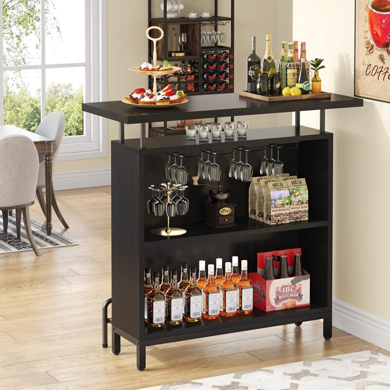 Bar Unit, 3-Tier Bar Table Liquor Cabinet with Stemware Rack