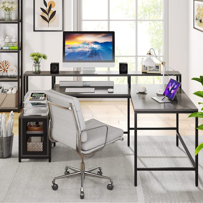 L-Shaped Desk, 70.5" Corner Computer Desk with Shelves & Monitor Stand - Image 2