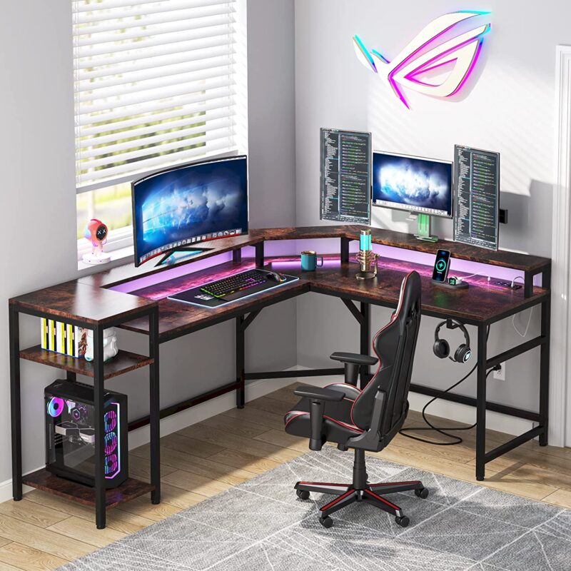 Gaming Desk, L-Shaped Computer Desk with Power Outlets & LED Strips - Image 8