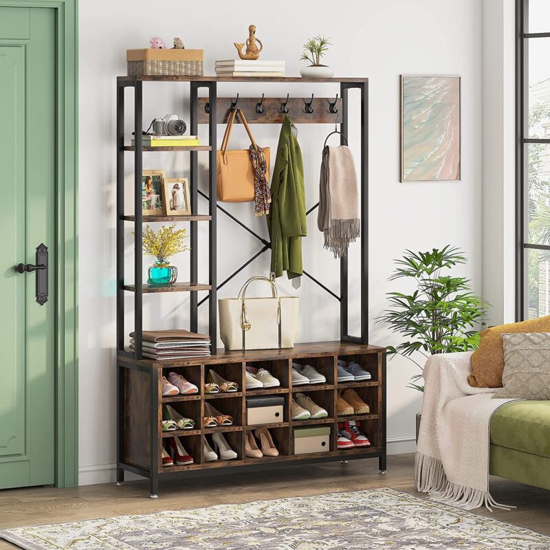 Coat Rack Shoe Bench, Entryway Hall Tree with Storage Shelves