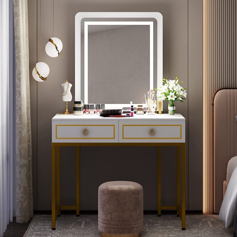 Vanity, Modern Makeup Vanity Table with LED Lights and 2 Drawers - Image 3