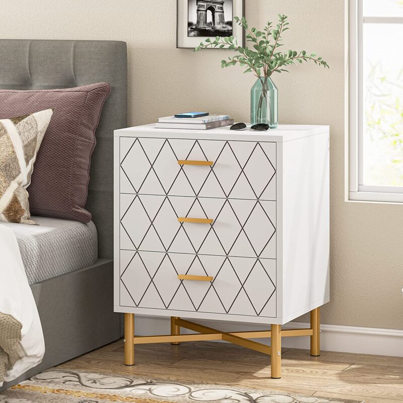 Nightstand, Modern Bedside Table with 3 Drawers, Sofa End Table