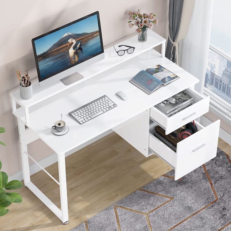 Computer Desk, White Study Table with with Monitor Stand ＆ Drawers - Image 5