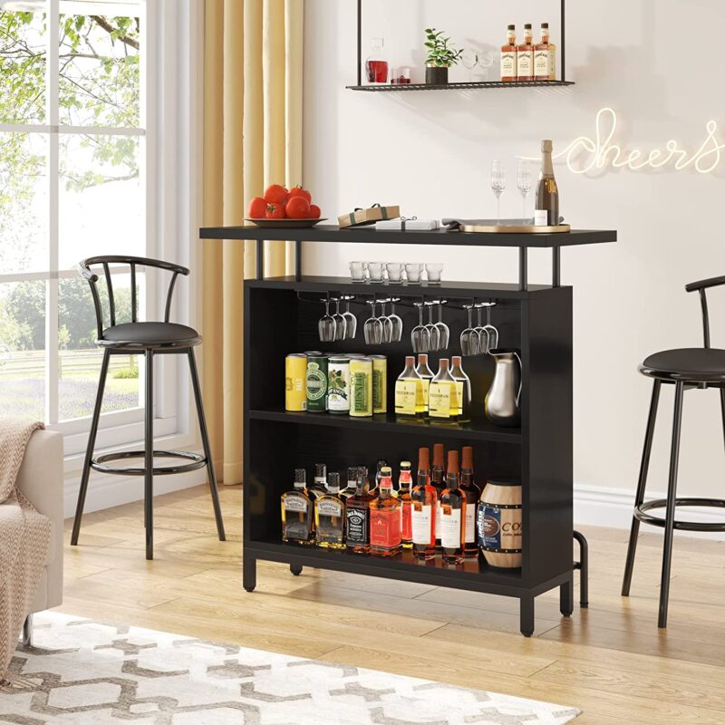 Bar Unit, 3-Tier Bar Table Liquor Cabinet with Stemware Rack - Image 2