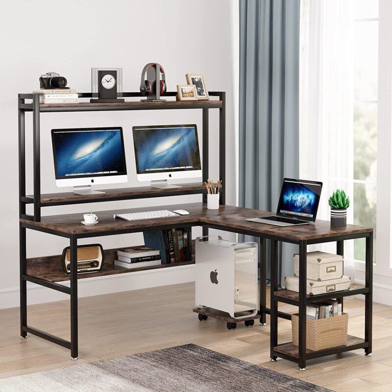 L-Shaped Desk, 59" Reversible Corner Desk with Storage Shelves - Image 3