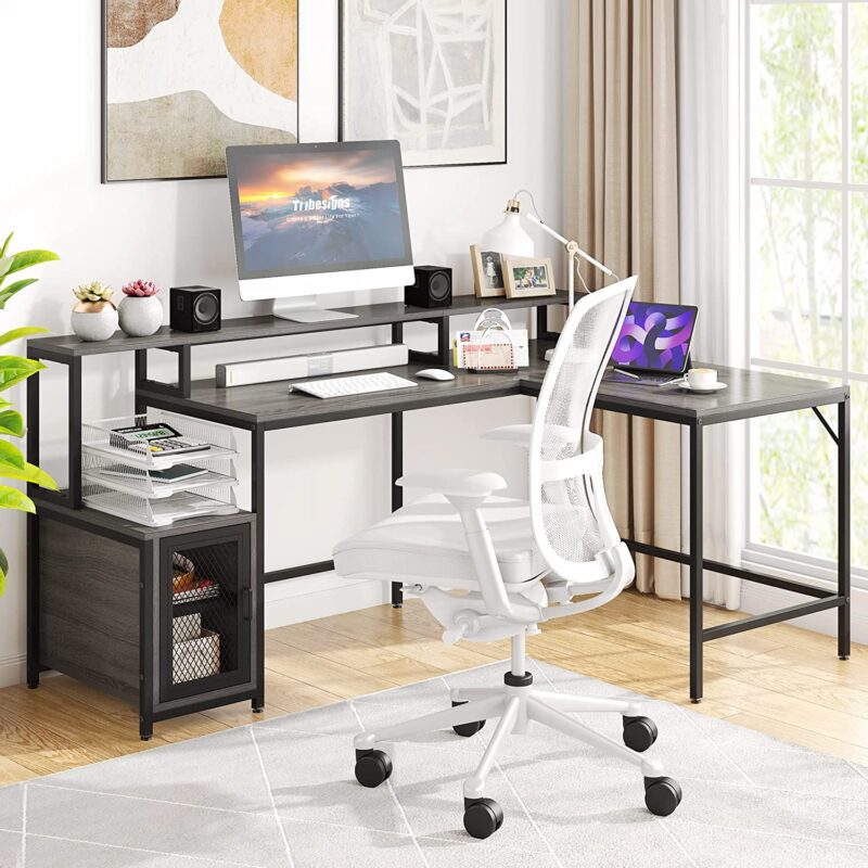 L-Shaped Desk, 70.5" Corner Computer Desk with Shelves & Monitor Stand - Image 3