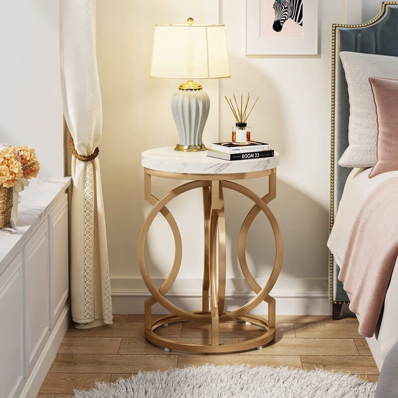 End Table, Round Side Table with Faux Marble Top, Modern Bedside Table - Image 2