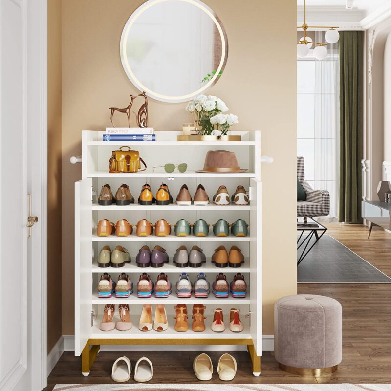 Shoe Cabinet, Freestanding Shoe Organizer with Open Shelves & Hooks - Image 5