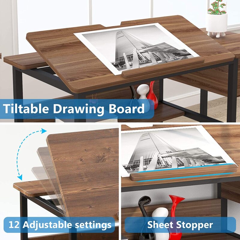 Drafting Table, Drawing Computer Desk with Storage Drawers - Image 4