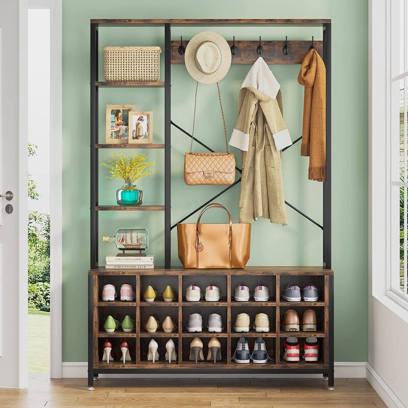 Coat Rack Shoe Bench, Entryway Hall Tree with Storage Shelves - Image 3