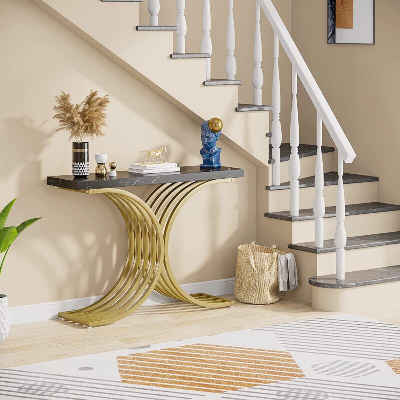 Console Table, Modern Faux Marble Entryway Sofa Table with Metal Base - Image 8