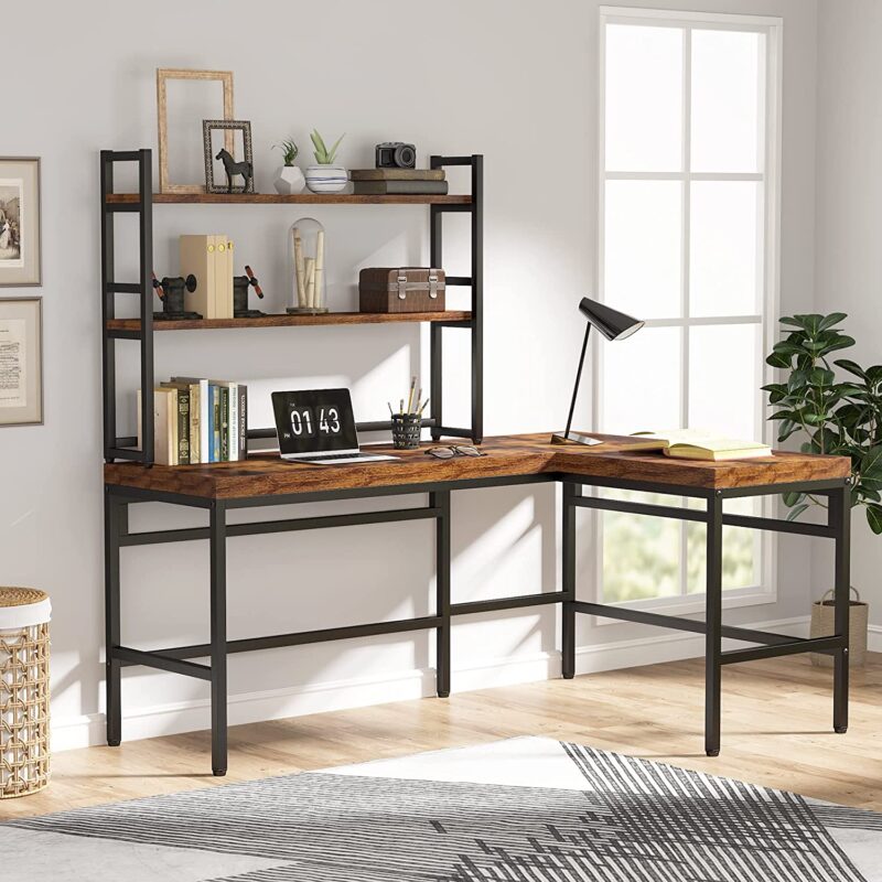 L-Shaped Desk, 67" Computer Writing Desk with Hutch, Rustic - Image 3