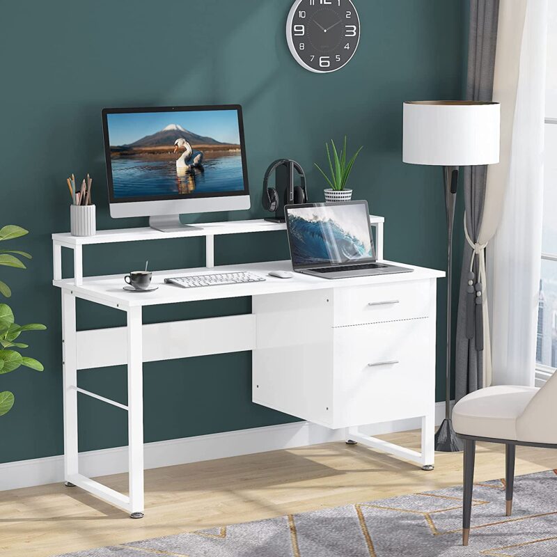 Computer Desk, White Study Table with with Monitor Stand ＆ Drawers