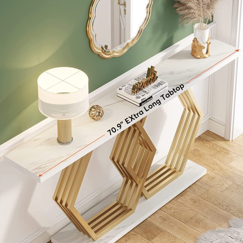 Console Table, 70" Faux Marble Entryway Table with Geometric Metal Base - Image 3