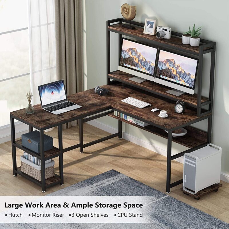 L-Shaped Desk, 59" Corner Computer Desk with Hutch and Shelves - Image 5