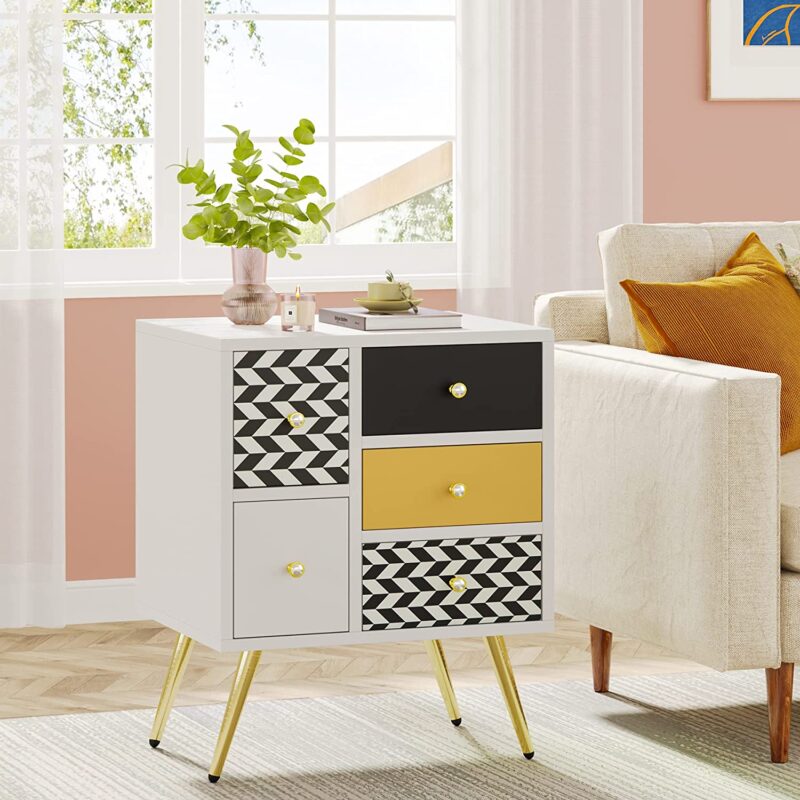 Nightstand, Modern Colorful Bedside End Table With 5 Drawers - Image 3