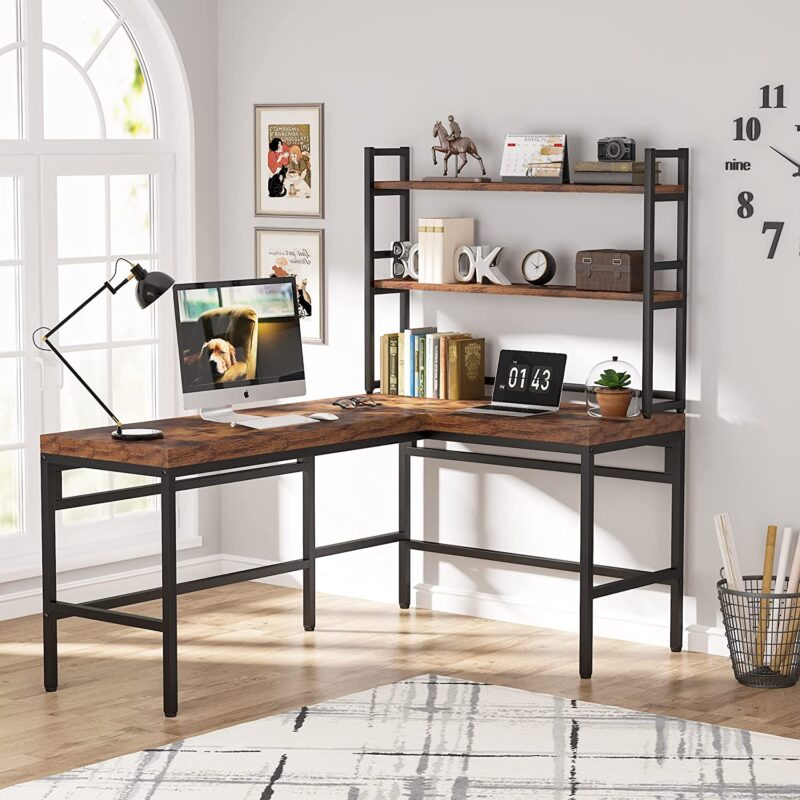 L-Shaped Desk, 67" Computer Writing Desk with Hutch, Rustic - Image 2