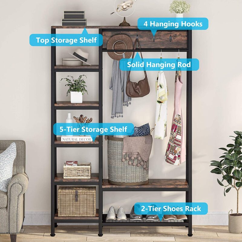 Freestanding Closet Organizer, 5-Tier Shelves Coat Garment Rack - Image 5