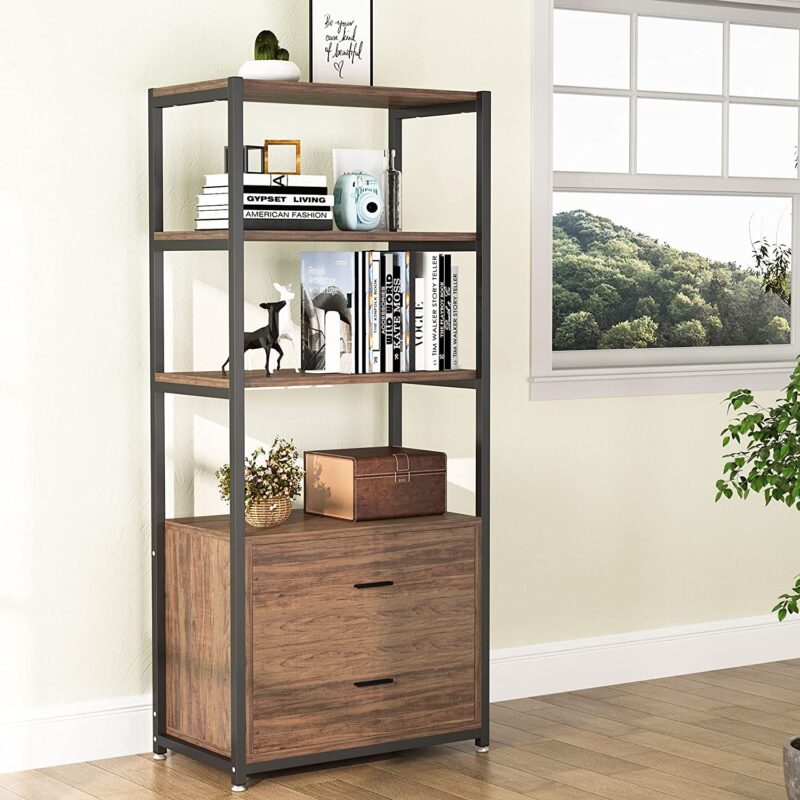 Bookshelf, 4 Tier Etagere Display Bookcase with 2 Drawers - Image 2