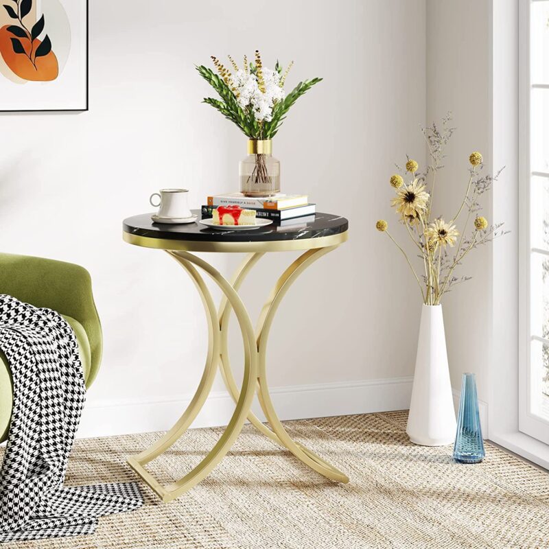 End Table, Round Sofa Side Table Coffee Table with Gold Metal Frame