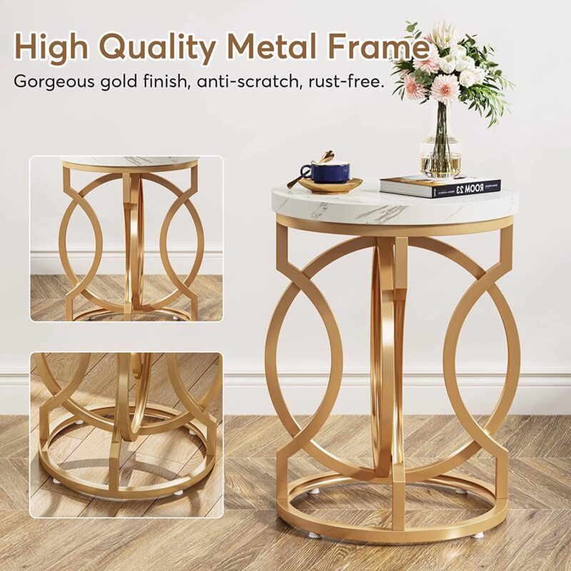 End Table, Round Side Table with Faux Marble Top, Modern Bedside Table - Image 4