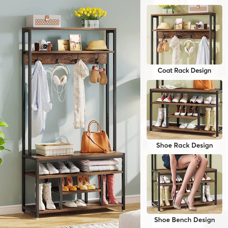 Coat Rack Shoe Bench, Entryway Hall Tree with Hooks & Shelves - Image 4