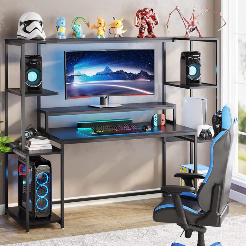 Gaming Desk, 70 -inch Computer Desk with Hutch and Monitor Stand