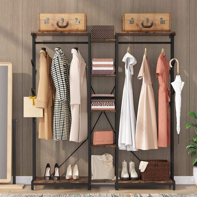 Freestanding Closet Organizer, Large Clothes Rack with Hooks & Shelves - Image 4