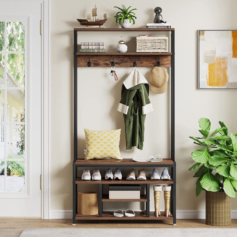 Coat Rack Shoe Bench, Entryway Hall Tree with Hooks & Shelves - Image 3