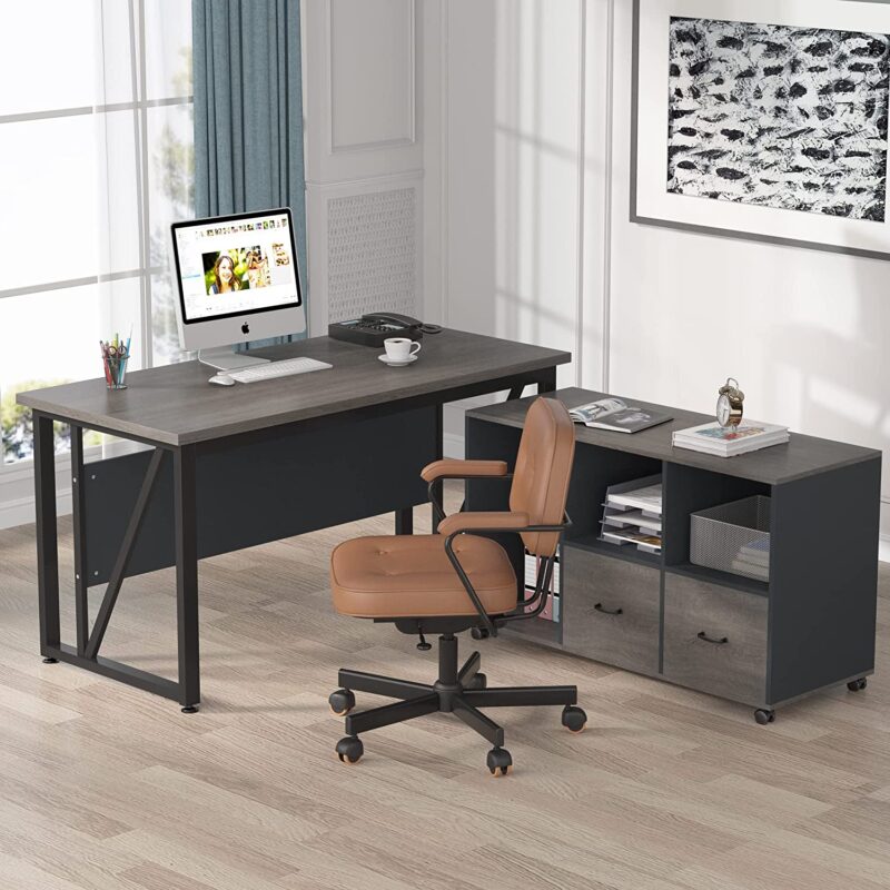 L-Shaped Desk, 55" Executive Desk Computer Table and 43" File Cabinet - Image 7