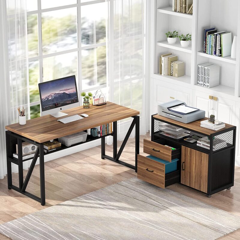 L-Shaped Desk Set, 55" Executive Desk and 32" File Cabinet - Image 2